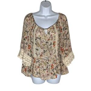 Democracy Floral Tunic Top Womens Sz L Oversized Stretch Boho Poet Romantic Lace